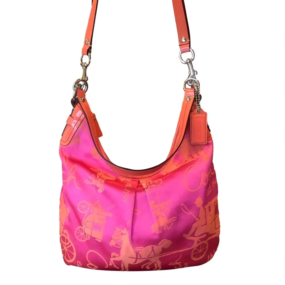 Coach Hot Pink and Coral Satin Signature Hobo
